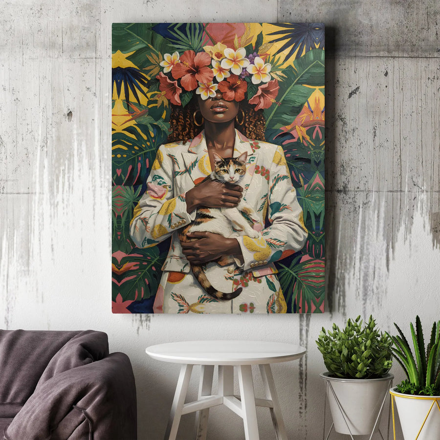Black Woman Art Print with Calico Cat | Tropical Floral Crown Portrait | Premium Gallery Canvas | Vibrant Home Decor Wall Art Gift