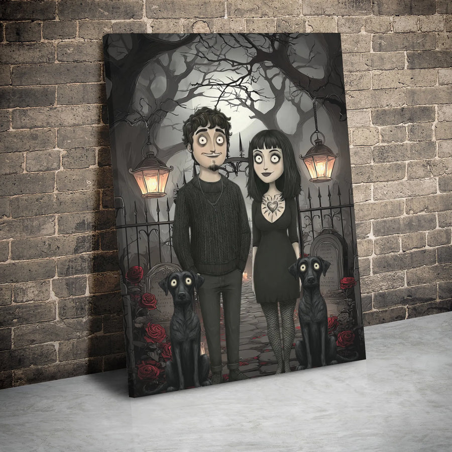 Gothic Couple Canvas Wall Art | Spooky Cemetery Portrait with Black Dogs | Premium Gallery Wrap Decor | Unique Gift for Goth Lovers