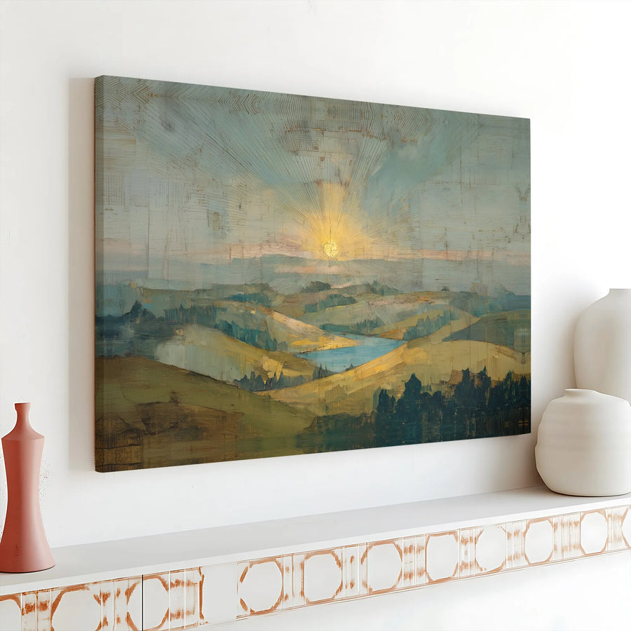 Sunrise Over Hills Canvas Print | Abstract Textured Landscape Painting | Gallery Wrapped 1.25" Deep Canvas | Modern Farmhouse Living Room Wall Decor Gift