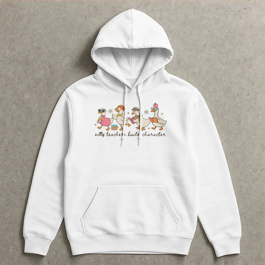 Silly Goose Teacher Hoodie | 'Silly Teachers Build Character' Graphic | Soft Cotton-Blend Pullover | Teacher Appreciation Gift for Educators