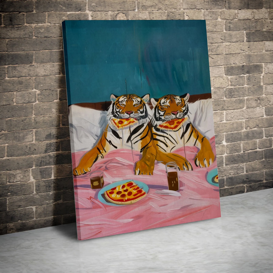 Tigers Eating Pizza Canvas Wall Art | Funny Surreal Tiger Painting | Premium Thick Gallery Wrap Canvas | Unique Gift for Modern Home Decor