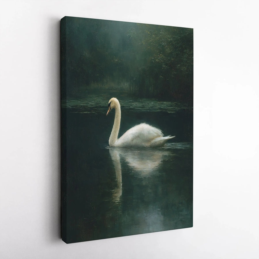 White Swan Canvas Wall Art | Tranquil Lake Landscape Painting | Premium Gallery Wrapped Decor | Nature Lover Living Room Gift
