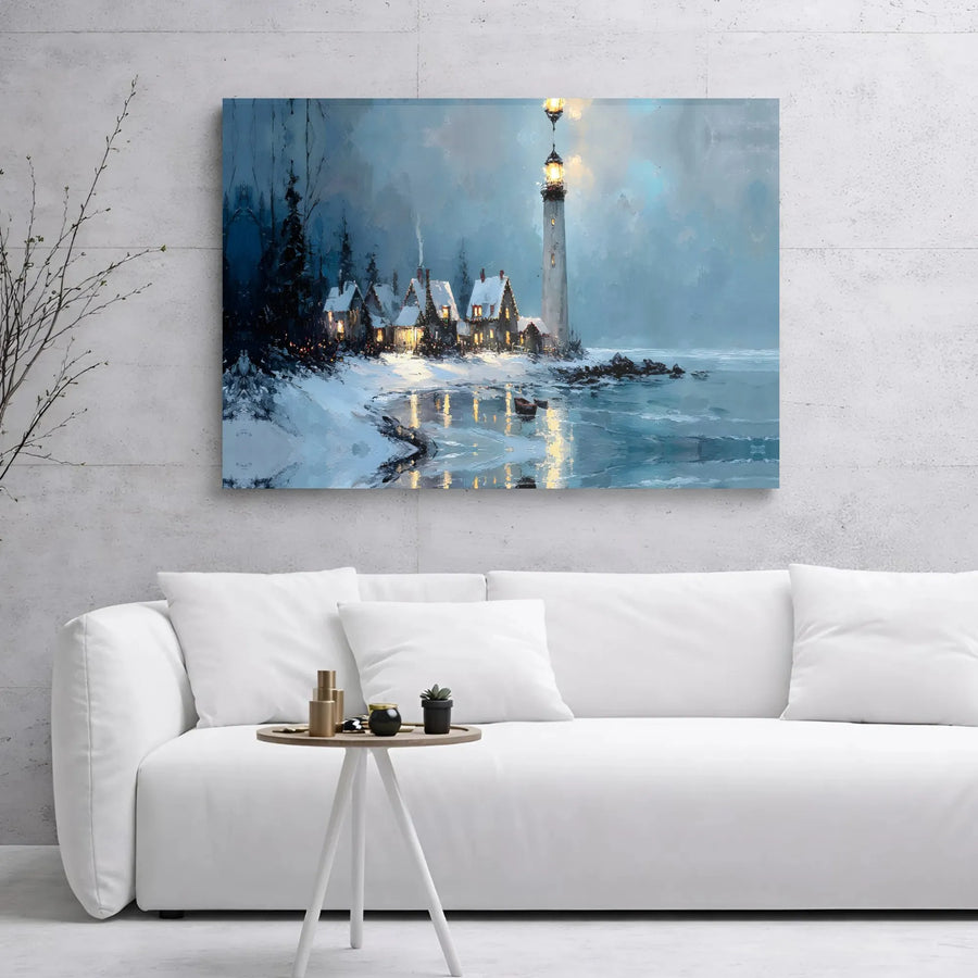 Winter Lighthouse Canvas Art | Snowy Coastal Village Night Scene | Premium Gallery Wrap Wall Decor | Festive Holiday Home Gift