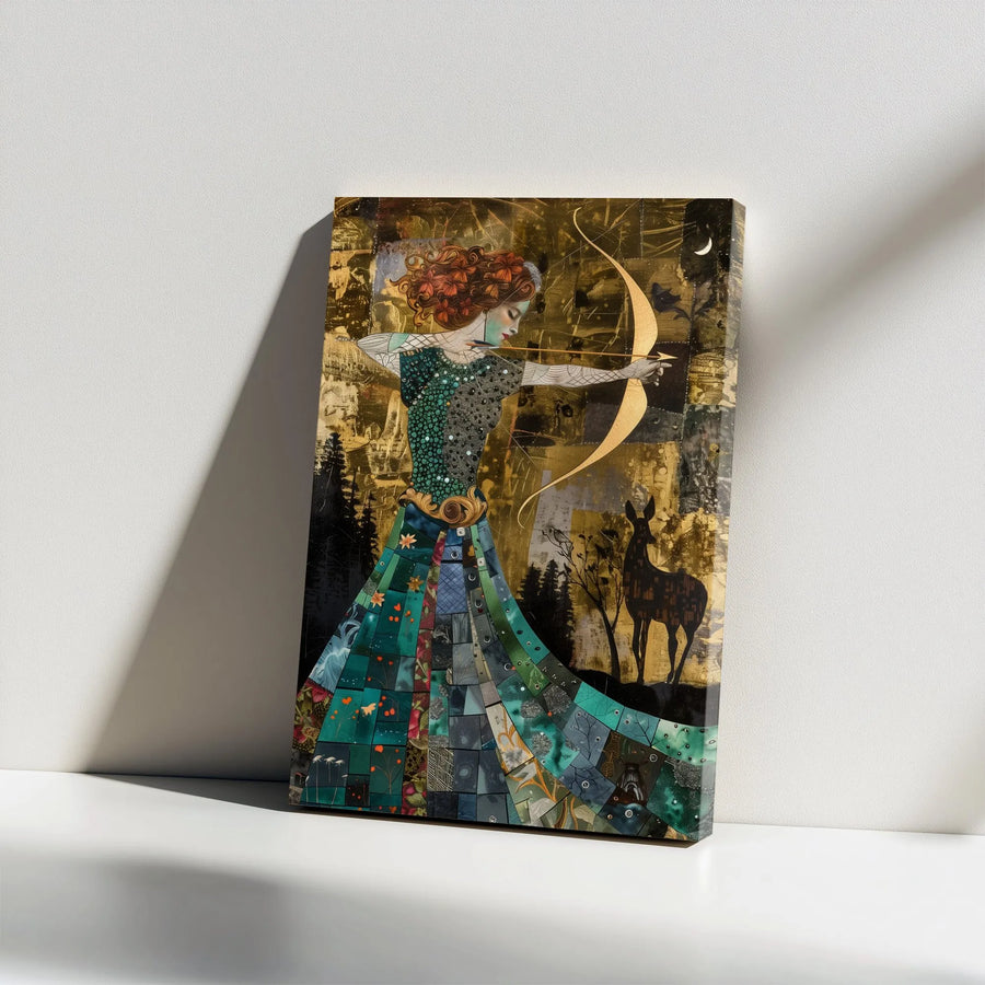 Mythical Archer Canvas Print | Gold & Teal Huntress Collage Art | Premium Gallery Wrapped Canvas | Boho Fantasy Wall Decor Gift