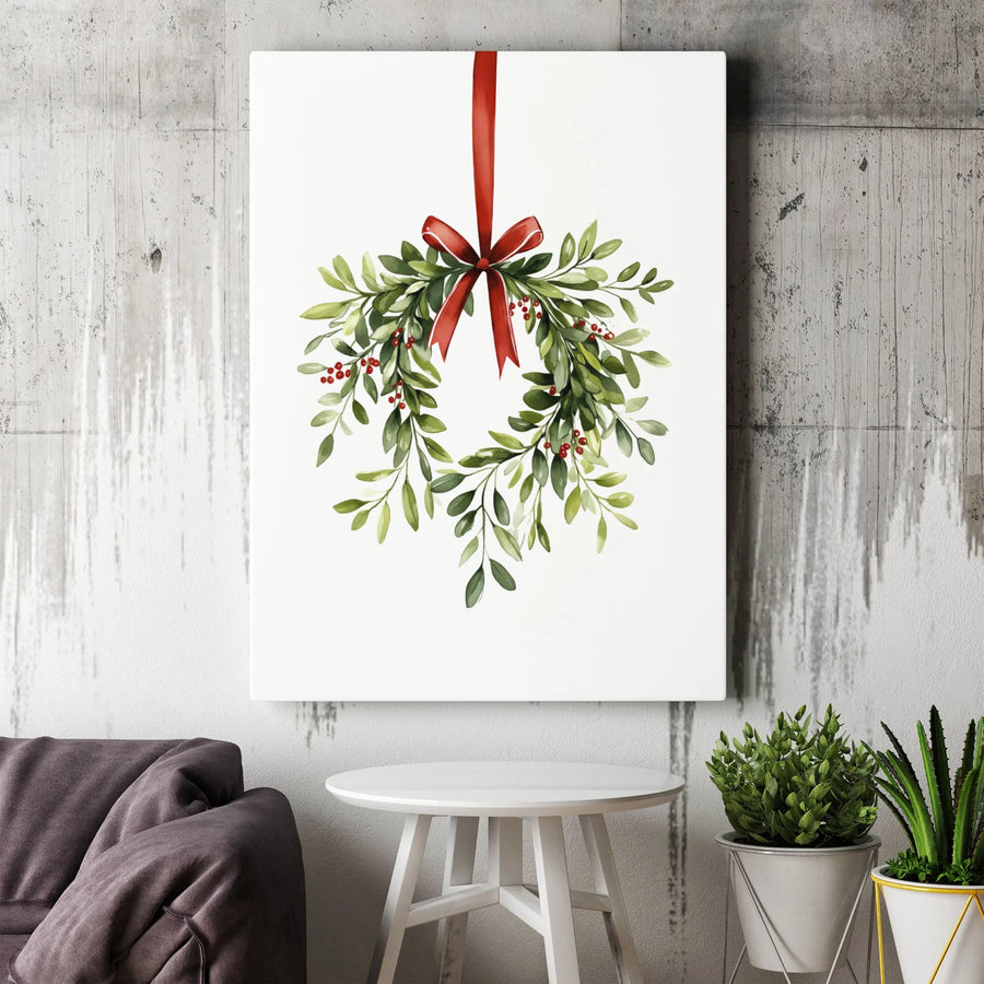 Watercolor Mistletoe Wall Art | Christmas Wreath With Red Ribbon | Premium Gallery Wrap Canvas | Holiday Home Decor Gift