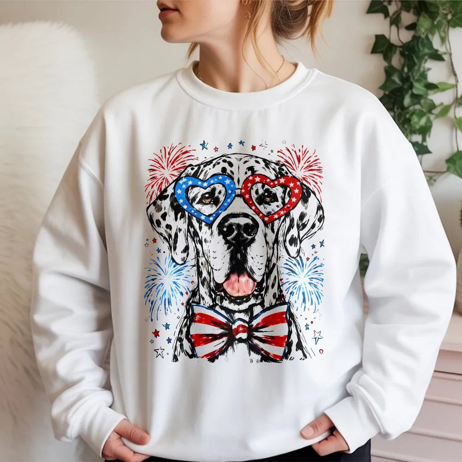 Patriotic Dalmatian Sweatshirt | USA Flag Glasses & Fireworks | Soft Cotton Blend | 4th of July Gift for Dog Lovers