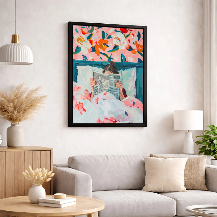 Woman Reading Newspaper Canvas Print | Abstract Floral Bedroom Wall Art | Premium Gallery Wrapped Decor | Aesthetic Home Gift For Her
