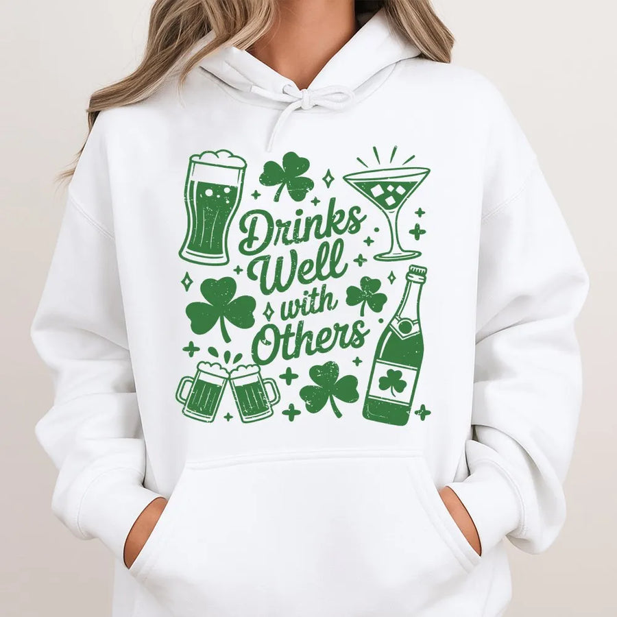Funny St Patricks Day Hoodie | Drinks Well With Others Graphic | Cozy Crewneck Pullover | Unisex Irish Pub Crawl Gift