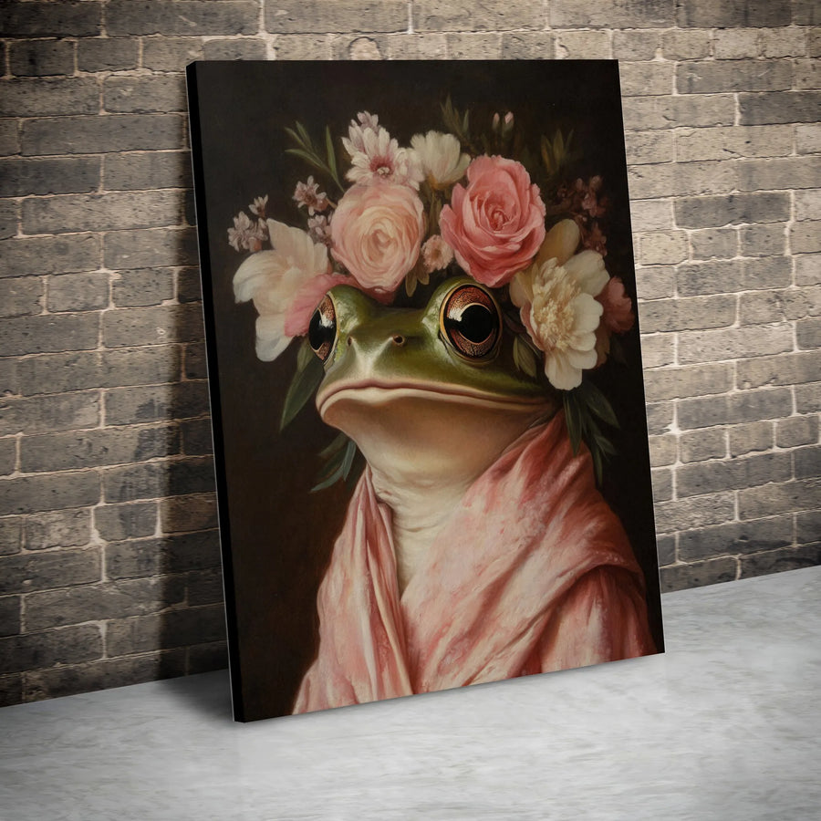 Frog Portrait Canvas Wall Art | Whimsical Frog in Floral Crown | Premium Gallery-Wrapped Print | Unique Gift for Cottagecore Lovers