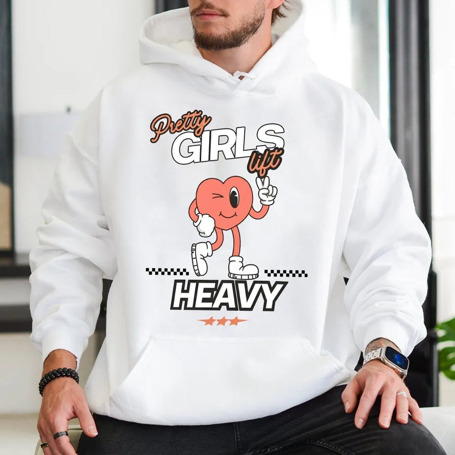 Pretty Girls Lift Heavy Hoodie | Retro Cartoon Heart Graphic | Soft Breathable Cotton | Funny Workout Gift for Women