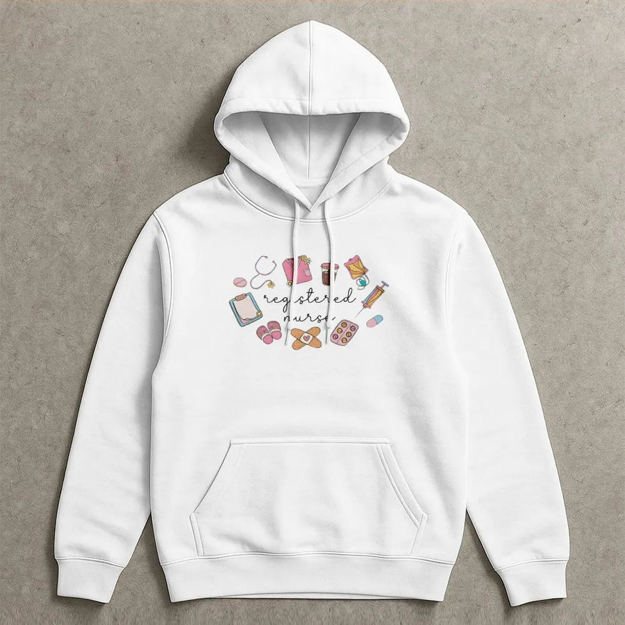 Registered Nurse Hoodie | Cute Nurse Doodle Graphic | Soft Cotton Blend Pullover | Gift for RN Graduate and Nursing Students