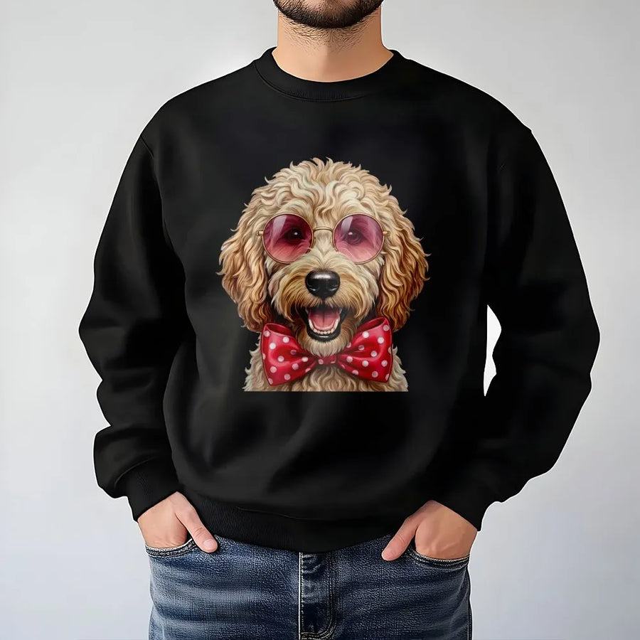 Goldendoodle Sweatshirt | Cute Dog With Pink Sunglasses and Bow Tie | Premium Cotton Blend | Gift for Doodle Mom or Dog Lover