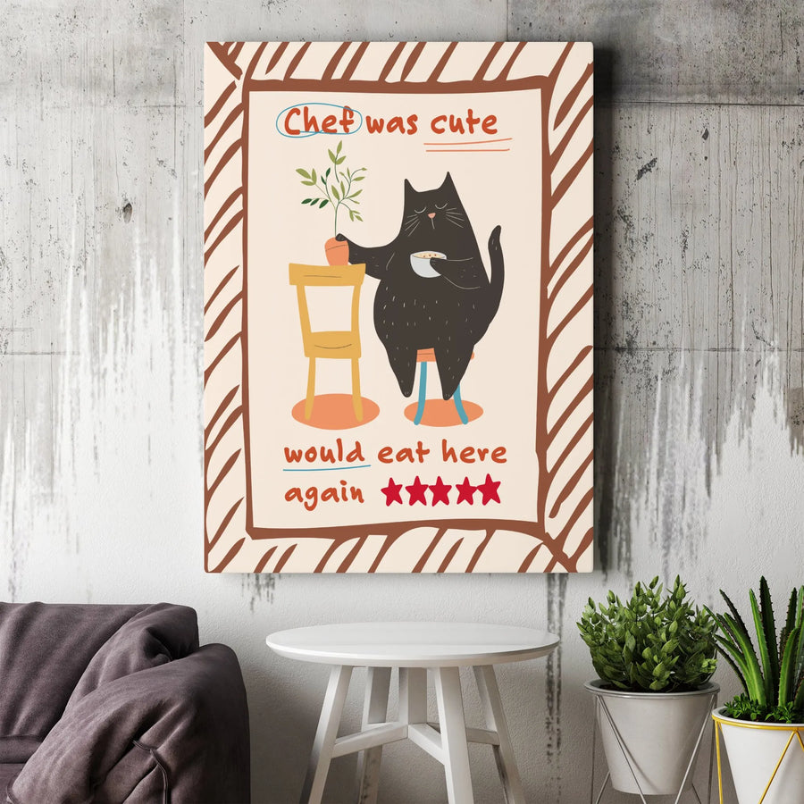 Black Cat Kitchen Wall Art | Chef Was Cute Would Eat Here Again Print | Premium Gallery Wrapped Canvas | Funny Cat Lover Home Decor Gift