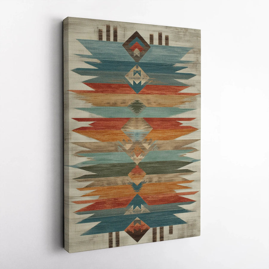 Southwestern Geometric Canvas Wall Art | Earthy Teal and Rust Pattern | Premium Gallery Wrap Print | Modern Boho Home Decor for Living Room
