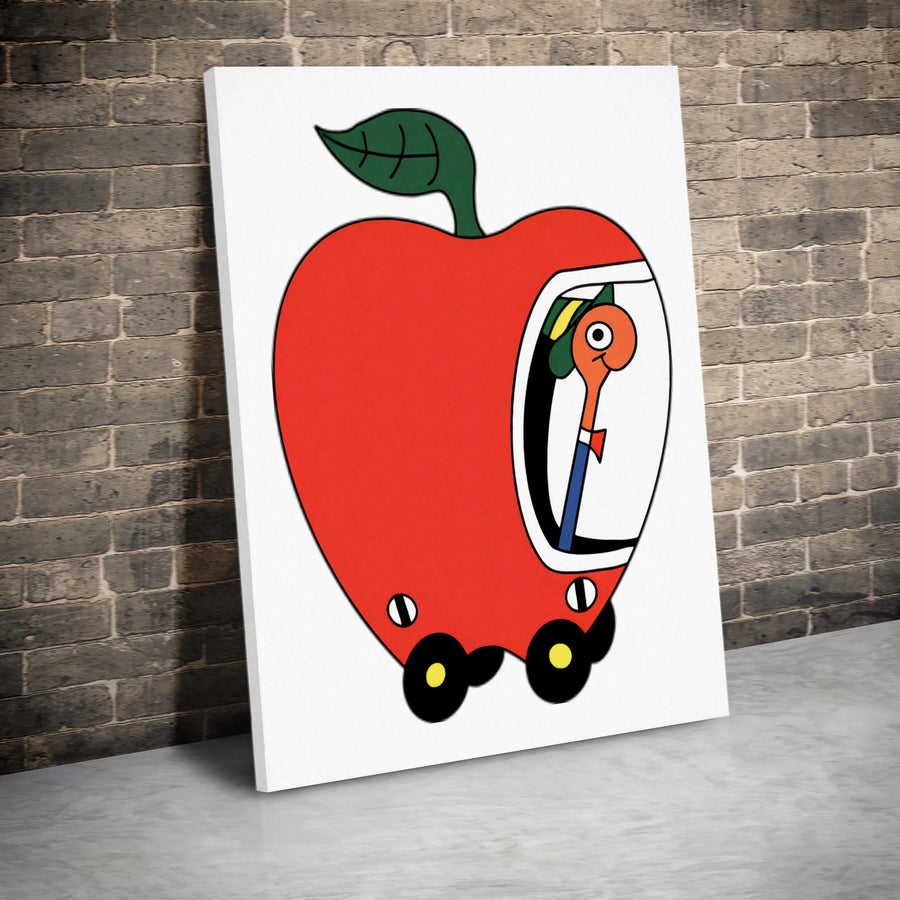 Worm In Apple Car Canvas Print | Whimsical Cartoon Illustration | Premium Thick Gallery Wrap Canvas | Collector's Gift For Kids Room & Nursery Decor