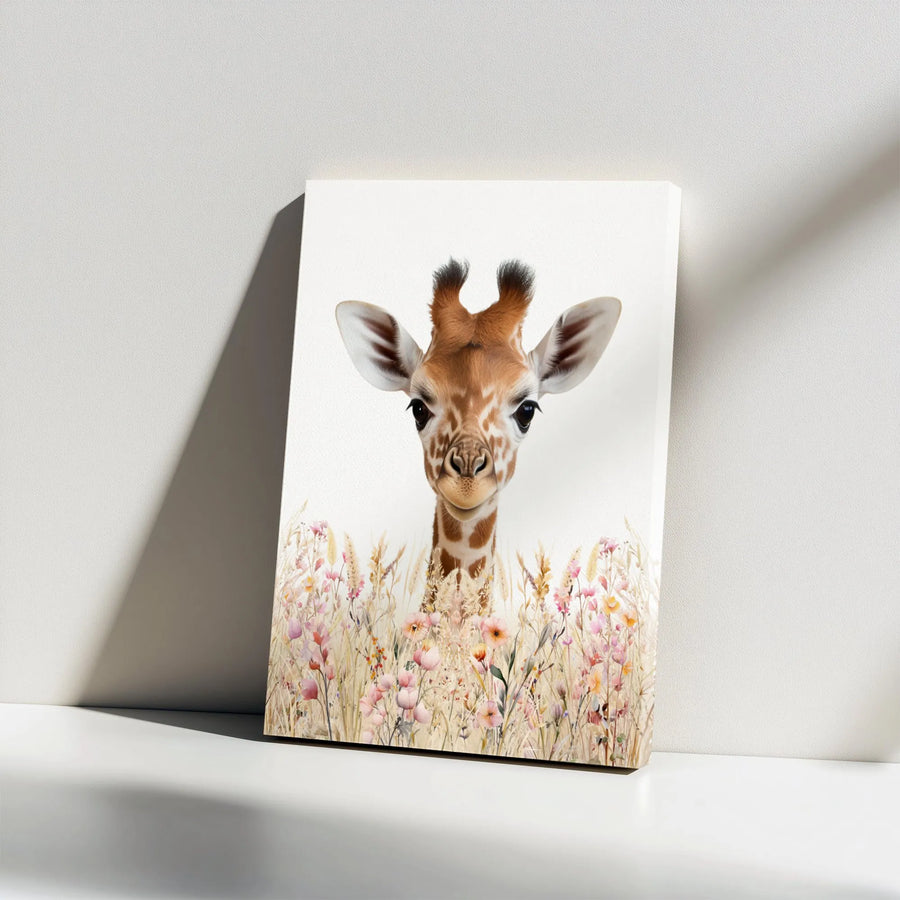 Baby Giraffe Canvas Wall Art | Wildflower Meadow Portrait | Premium Gallery Wrapped Decor | Nursery Gift for Safari Animal Lovers