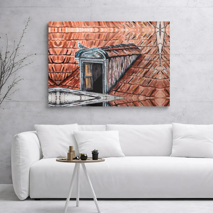 Pigeon on Rooftop Canvas Print | Watercolor Dormer Window Art | Gallery Wrap Wall Decor | European Architecture Gift for Home Office