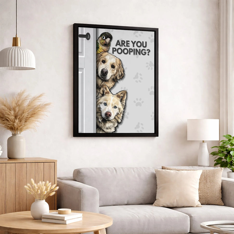 Are You Pooping Dog Wall Art | Funny Bathroom Sign with Parrot & Golden Retriever | 1.25-Inch Premium Gallery Canvas | Humorous Home Decor Gift