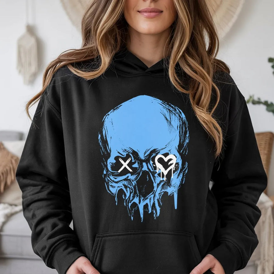 Graphic Skull Hoodie | Dripping Heart Eye Street Art Design | Premium Cotton-Blend | Goth Emo Alt Clothing Gift