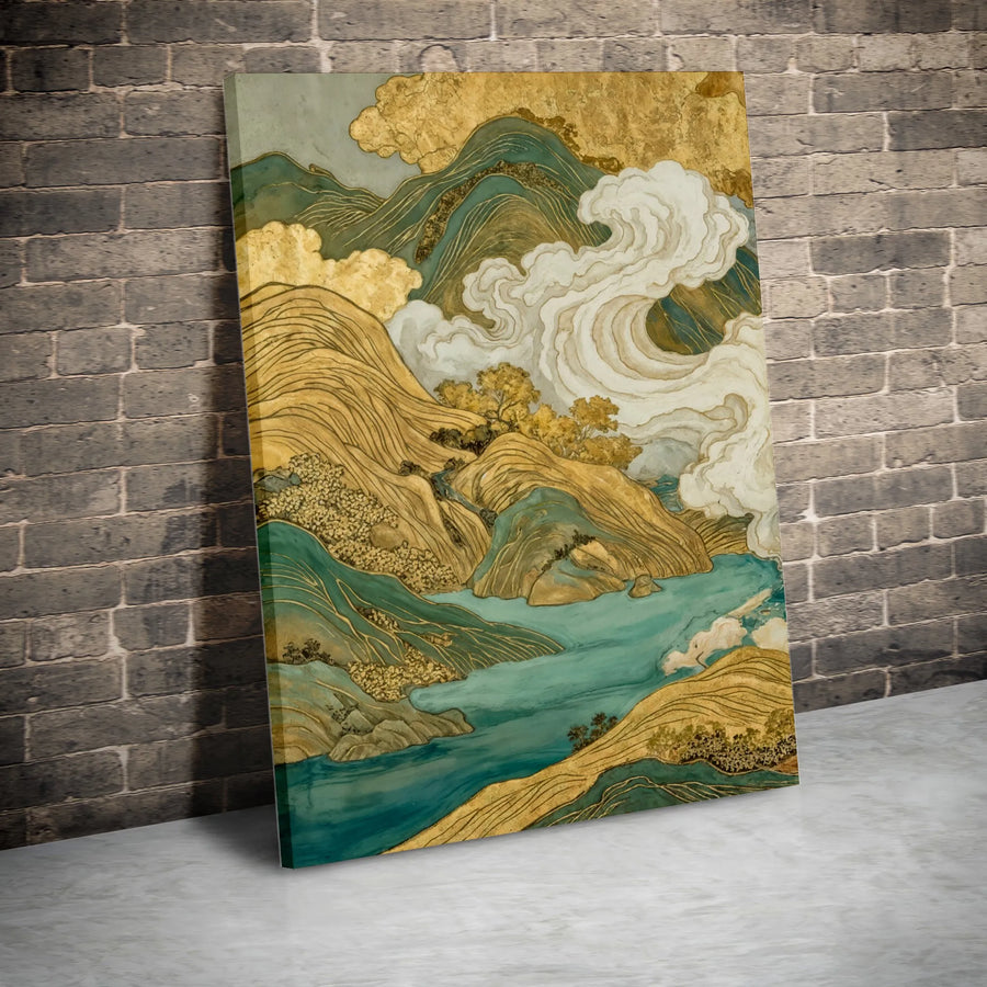 Japanese Landscape Vertical Canvas Art Print | Traditional Gold Foil Style Mountain & Wave Scene | Premium 1.25-Inch Gallery Wrap | Zen Living Room Home Decor & Gift