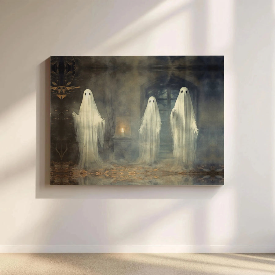 Three Ghosts Canvas Wall Art | Spooky Victorian Manor Painting | Gallery Wrapped Premium Print | Gothic Home Decor Gift For Halloween