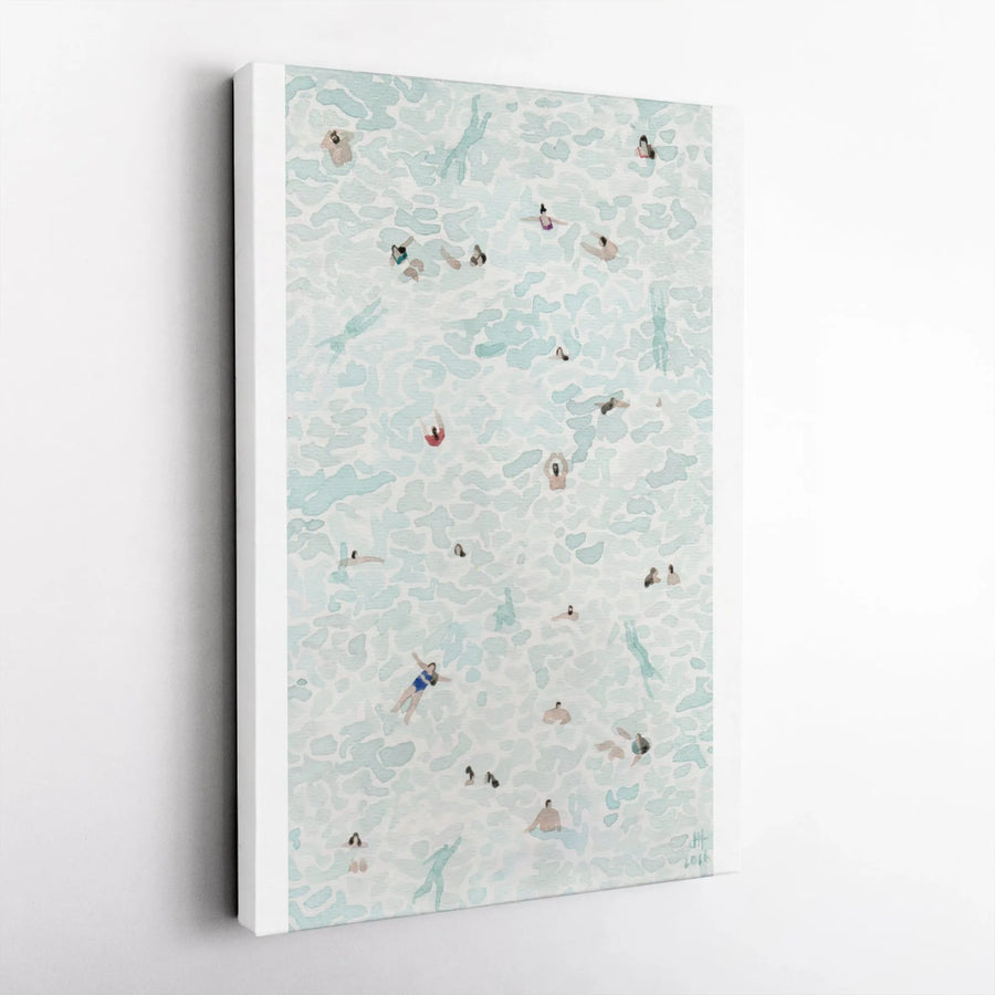 Aerial Swimming Pool Vertical Canvas | Watercolor People Swimming Illustration | Premium Gallery Wrap Canvas | Modern Coastal Wall Decor Gift