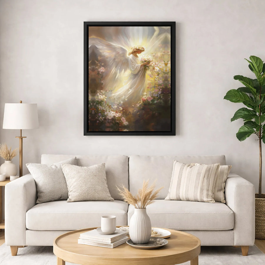 Ethereal Angel Canvas Wall Art | Floral Garden Guardian Portrait | Gallery-Quality 1.25 Inch Thick Profile | Premium Religious Home Decor Gift