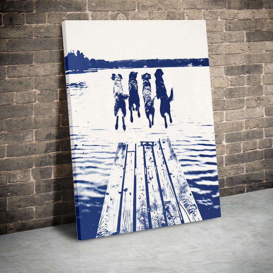 Dogs Jumping Off Dock Canvas Art | Blue Silhouette Lake Scene | Premium 1.25-Inch Gallery Wrap | Gift For Dog Lovers & Lake House Decor