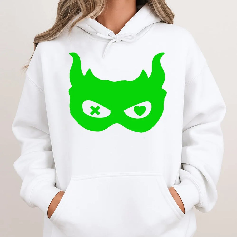 Devil Mask Graphic Hoodie | Heart and X Eyes Neon Print | Soft Cotton Hoodie | Unique Unisex Streetwear Gift