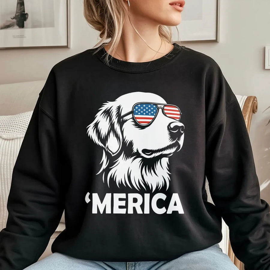 Patriotic Golden Retriever Sweatshirt | Dog with American Flag Sunglasses | Cozy Cotton Blend | Funny 4th of July Gift for Dog Lovers