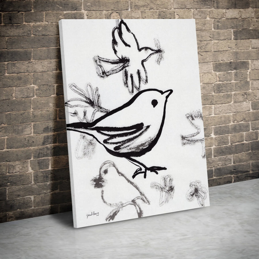 Sumi-e Sparrow Vertical Canvas | Japanese Ink Wash Bird Art | Premium Gallery Wrap Print | Modern Zen Style Home Decor Gift