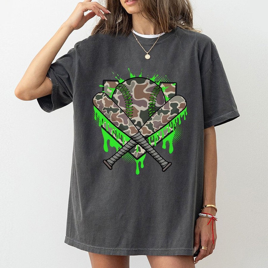 Camo Baseball T-Shirt | Neon Green Drip Graphic | Premium 100% Cotton Tee | Gift for Baseball Players and Fans