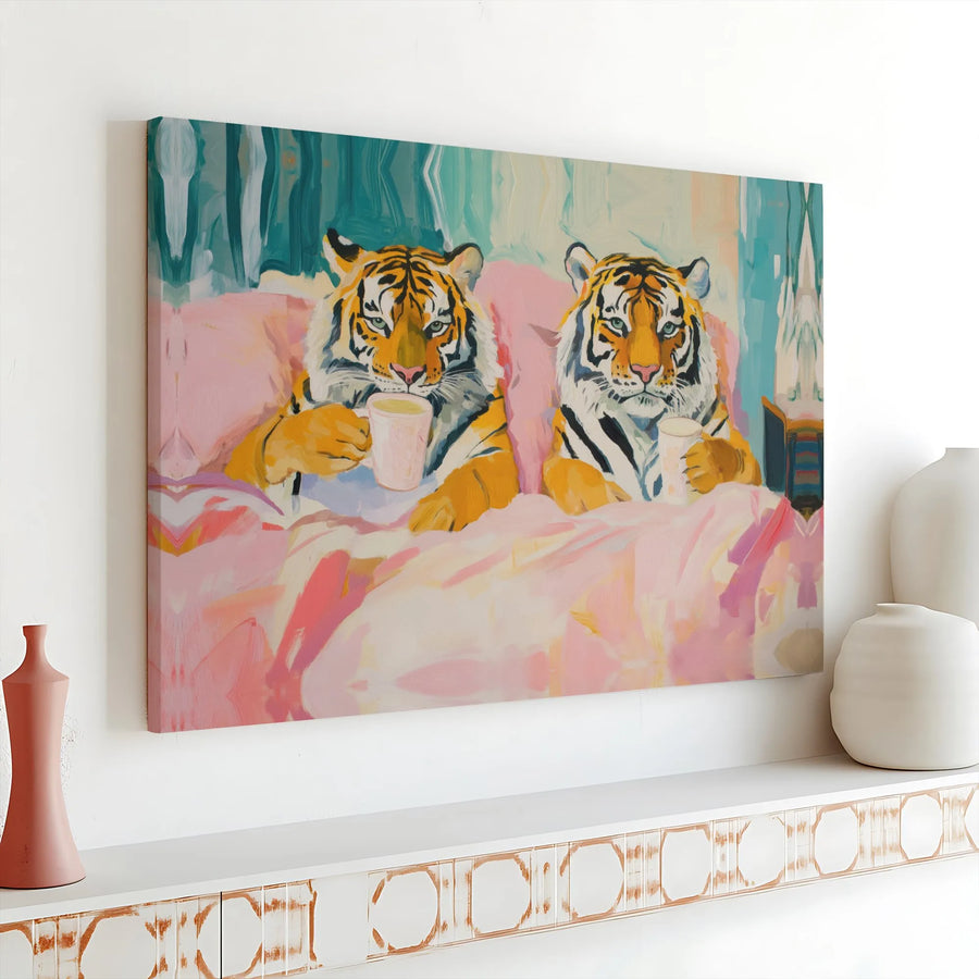 Tiger Coffee Wall Art | Whimsical Tigers in Bed Oil Painting Print | Gallery Wrapped Canvas | Unique Maximalist Home Decor Gift