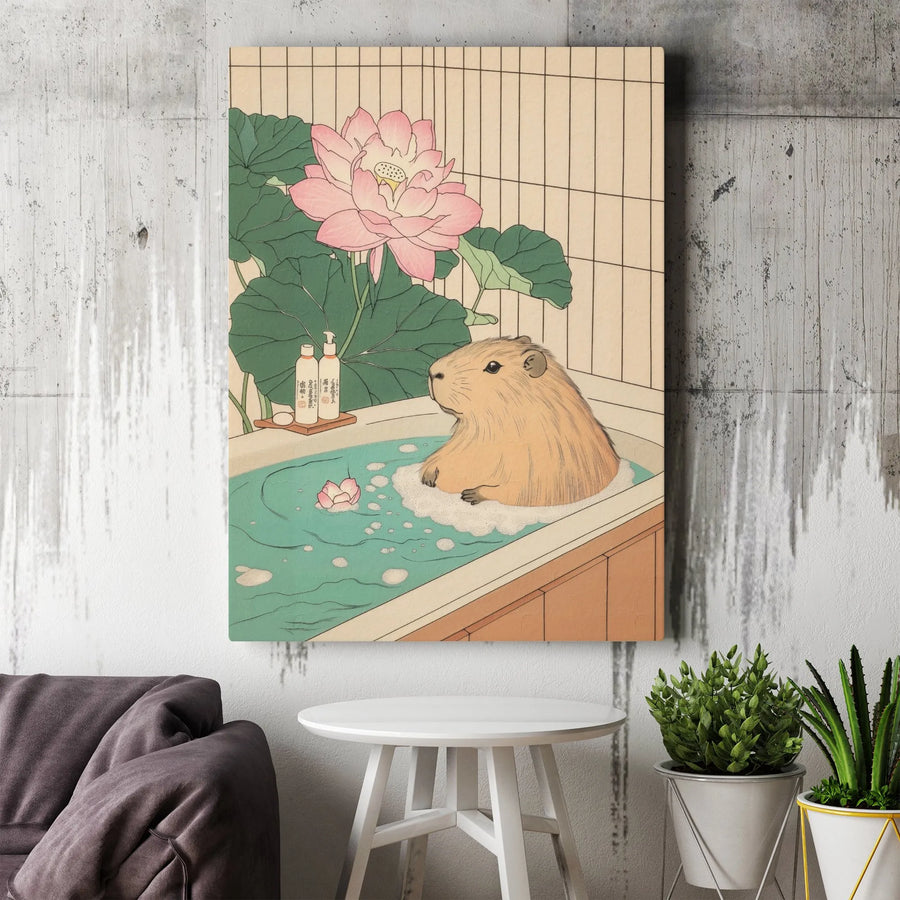 Capybara Wall Art | Japanese Ukiyo-e Style Bathing Print | Premium Gallery Wrap Canvas | Unique Animal Home Decor Gift