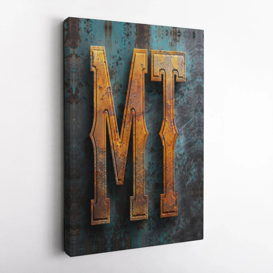 Industrial MT Monogram Canvas | Rusted Metal Effect Print | Premium Gallery Wrapped Canvas | Gift for Men | Man Cave & Garage Decor