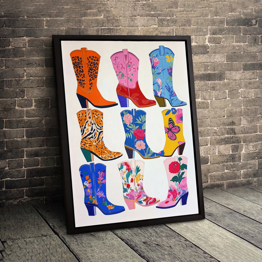 Colorful Cowboy Boots Wall Art | Floral and Animal Print Western Decor | Premium Gallery Canvas | Gift for Cowgirl Home Decor