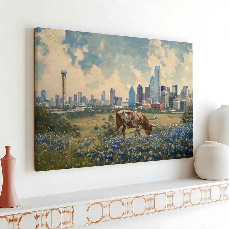 Dallas Skyline Canvas Print | Texas Longhorn Grazing in Bluebonnets | 1.25" Gallery Wrap Wall Art | Premium Texas Decor Gift