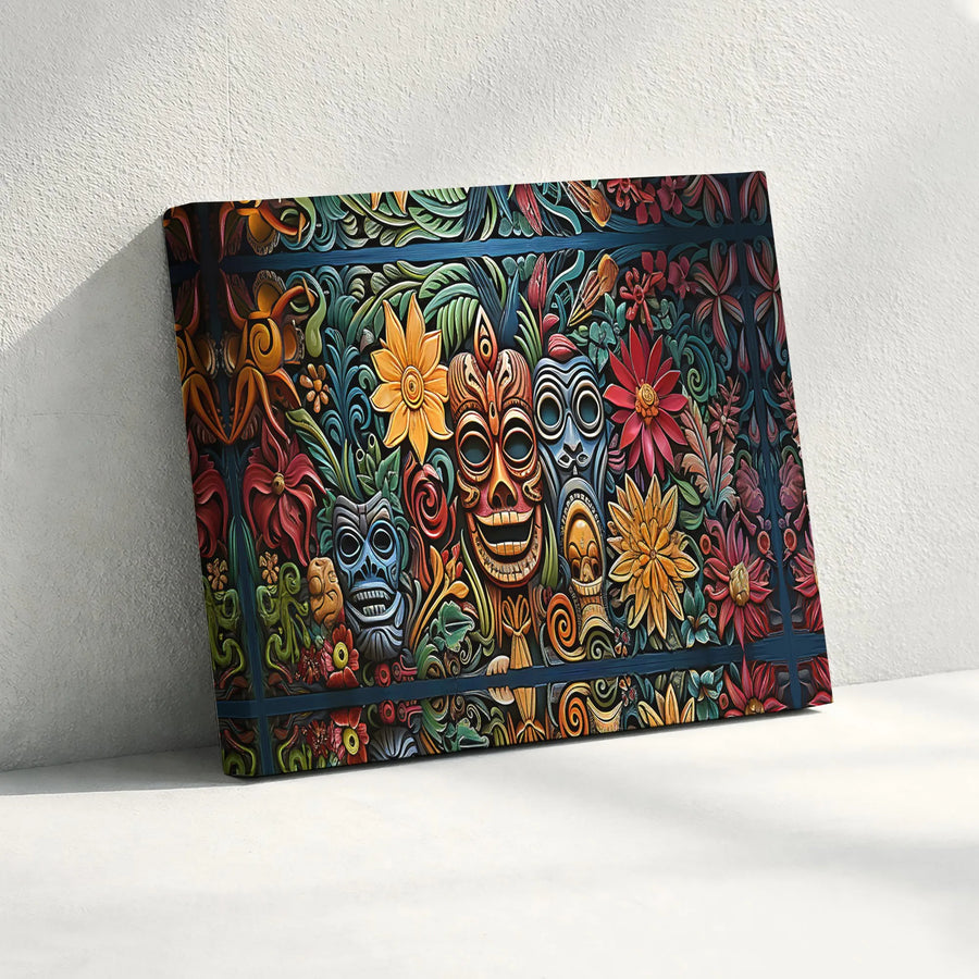 Tiki Mask Wall Art | Tropical Floral Canvas Print | Premium Gallery-Wrapped Decor | Exotic Island Style Gift for Home and Office