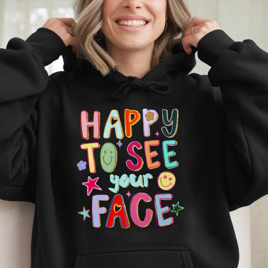 Happy To See Your Face Hoodie | Retro Smiley Graphic Sweatshirt | Premium Cotton Blend | Positive Vibe Aesthetic Gift for Women and Men