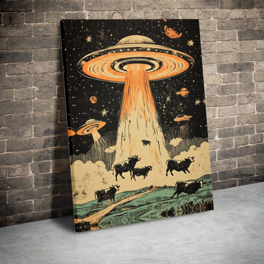 UFO Abducting Cows Canvas Wall Art | Retro Alien Sci-Fi Space Print | Premium Gallery-Wrapped Decor | Unique Gift for Astronomy Lovers