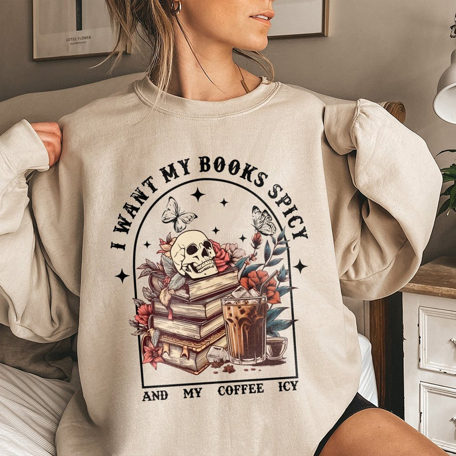 Spicy Books Icy Coffee Sweatshirt | Gothic Skull Bookish Reader Graphic | Premium Cotton Blend Cozy Pullover | Literary Gift for Book Lovers