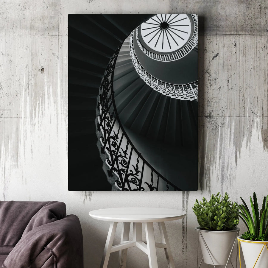Spiral Staircase Vertical Canvas | Black and White London Photography | Premium 1.25" Thick Gallery Wrap | Modern Minimalist Home & Office Decor Gift
