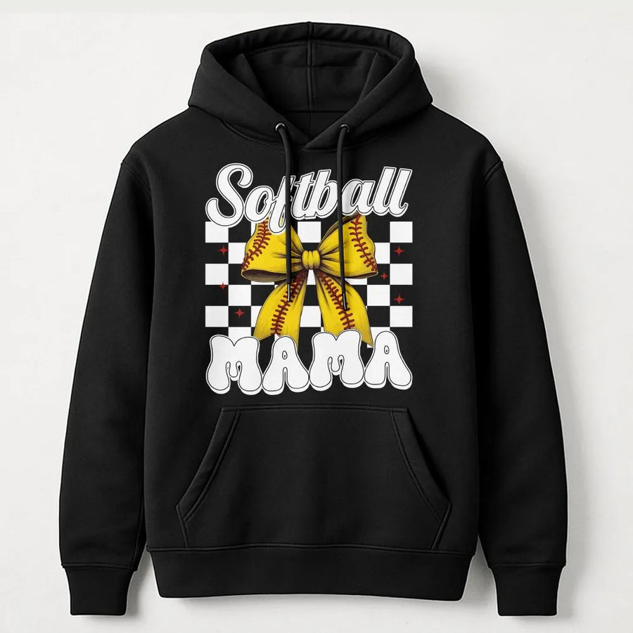 Softball Mama Hoodie | Retro Checkered Bow Game Day Design | Premium Cotton Blend | Gift for Softball Mom and Baseball Fan