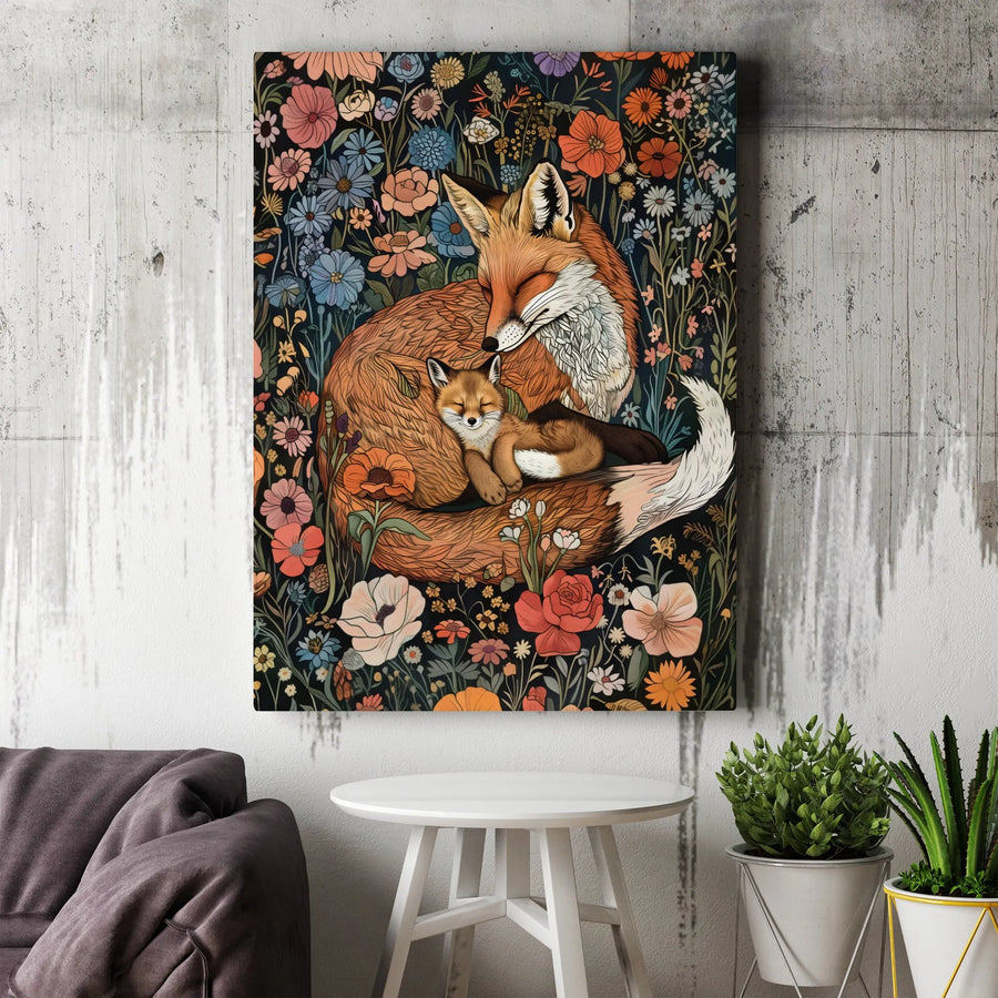Sleeping Fox and Cub Canvas | Vintage Floral Woodland Illustration | Premium 1.25" Thick Gallery Wrap | Nursery Decor Gift for New Mom