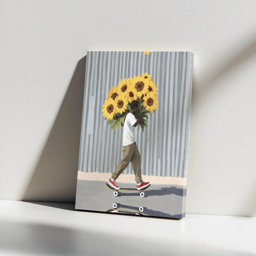 Black Art Sunflower Canvas Wall Art | Skateboarder with Flowers Print | Premium Gallery Wrapped Canvas | Modern Urban Home Decor Gift