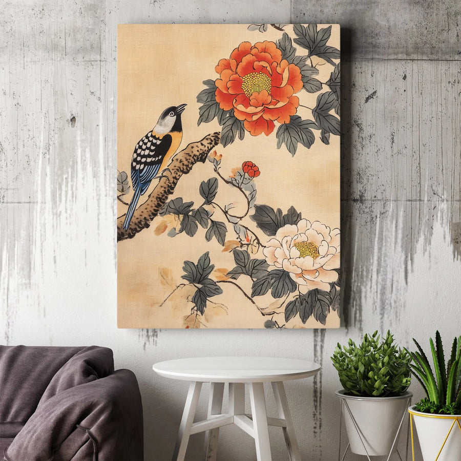 Japanese Bird and Peony Canvas Print | Vintage Ukiyo-e Style Illustration | Premium Gallery Wrapped Canvas | Asian Inspired Home Decor Gift