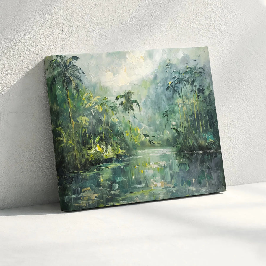 Tropical Jungle River Canvas Wall Art | Impressionist Palm Tree Landscape | Premium Framed Gallery Print | Nature Lover Home Decor Gift