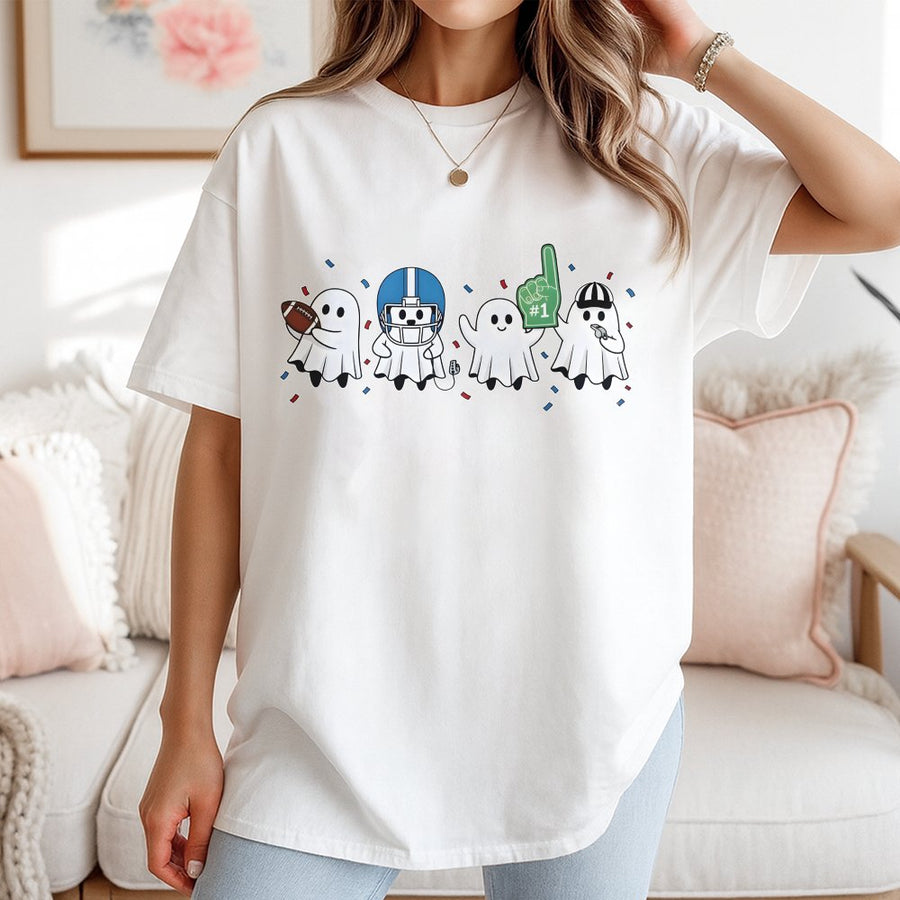 Ghost Football T-Shirt | Cute Spooky Ghosts Game Day Graphic | 100% Cotton Premium Tee | Halloween Sports Gift for Men and Women