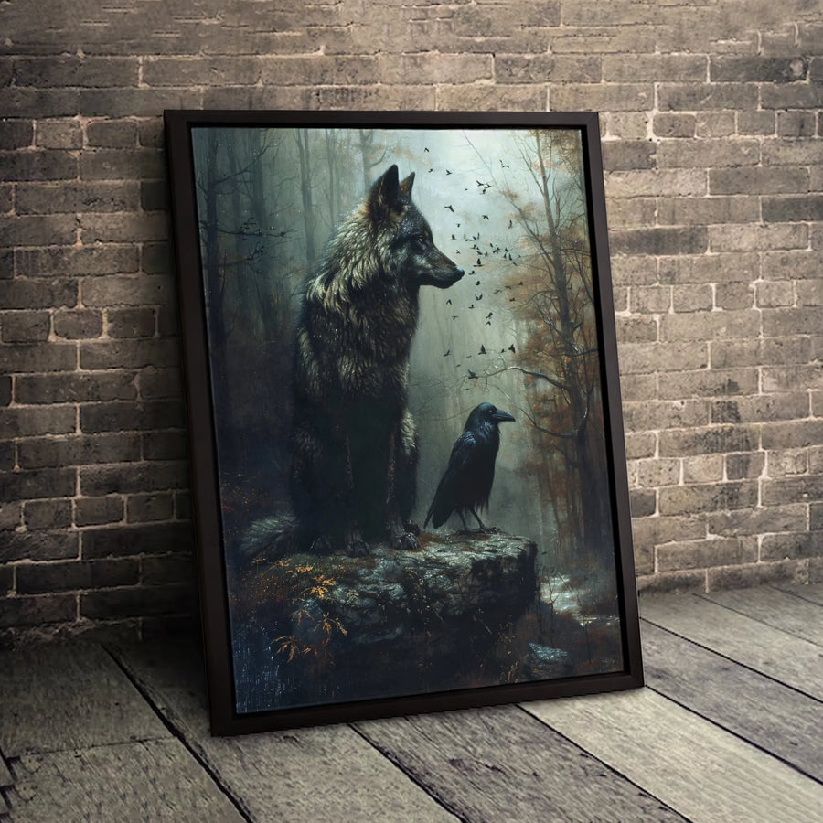 Wolf and Raven Wall Art | Moody Forest Wildlife Canvas Print | Gallery-Wrapped 1.25" Profile | Gothic Nature Home Decor Gift for Animal Lovers