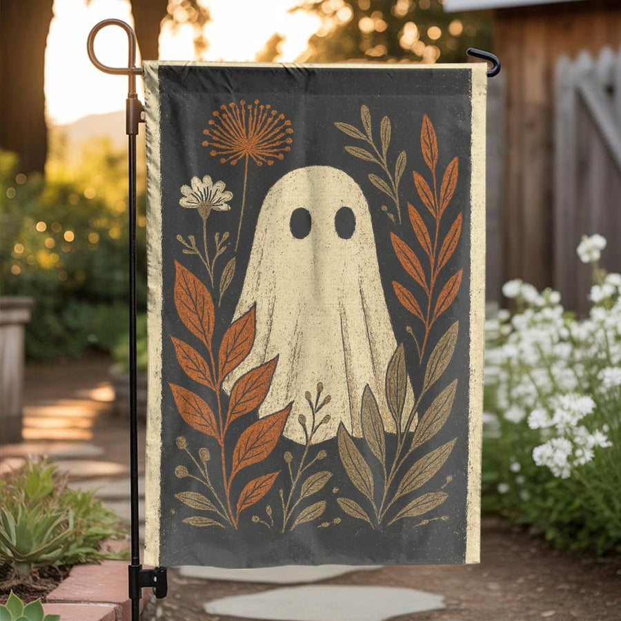 Ghost Garden Flag | Vintage Halloween Floral Botanical Art | Premium Polyester Outdoor Decor | Spooky Autumn Yard Decoration Gift